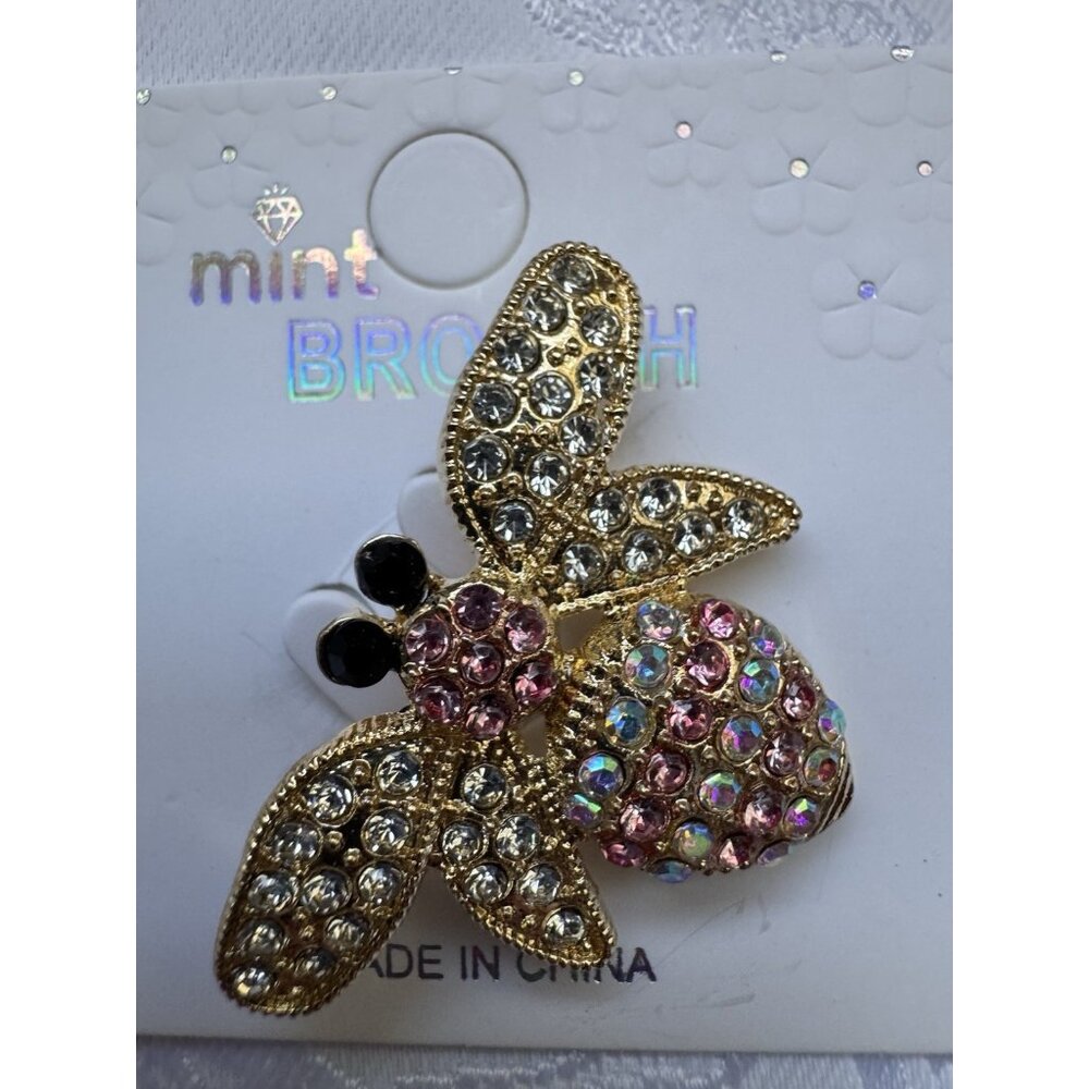 Mint Bumble Bee Rhinestone Pink Goldtone Butterfly Brooch 1.25" NEW